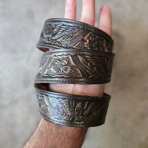 VTG Dun Dee Western Belt Leather Men 36 Brown Eagle Floral Yoakum TX Cowhide USA